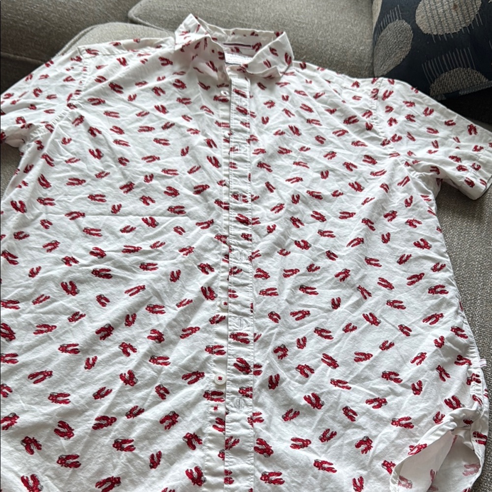 Denim & Flower White and Red Lobster Print Casual Button Down Shirt